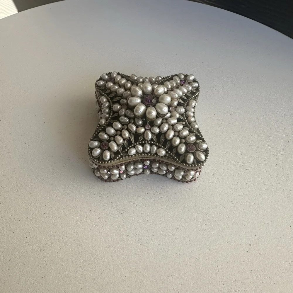 Vintage Pearl‎ & Rhinestone Encrusted Metal Trinket Box 2.5